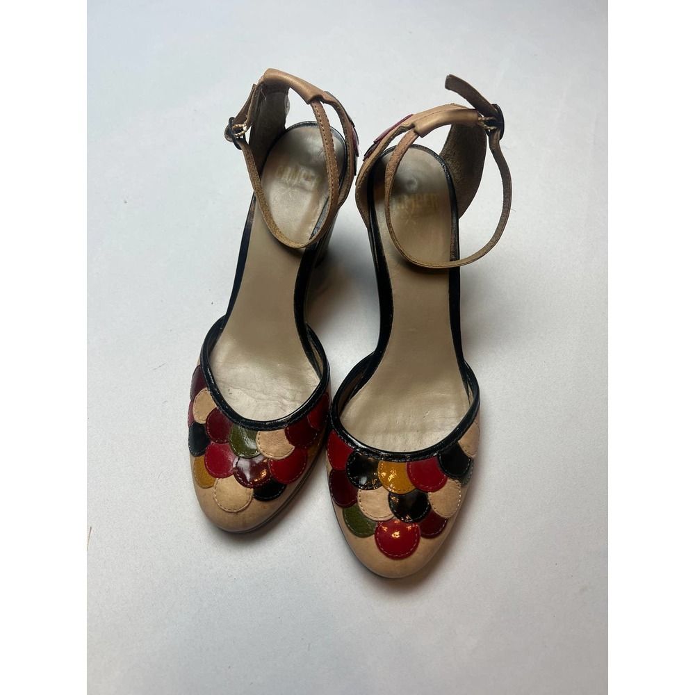 Camper Multicolor Scalloped Leather Ankle-Strap Heels